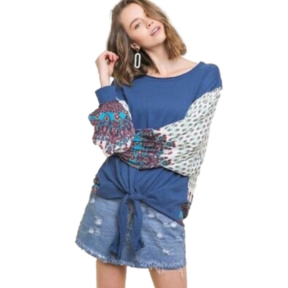 Umgee Size M Print Long Puff Sleeve with Center Tie Top Blue Paisley Motif - Picture 1 of 9